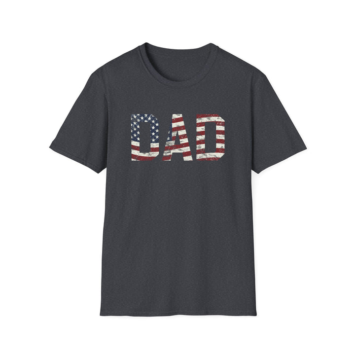 Dark heather unisex t-shirt with bold block DAD lettering filled with a distressed red white and blue American flag print