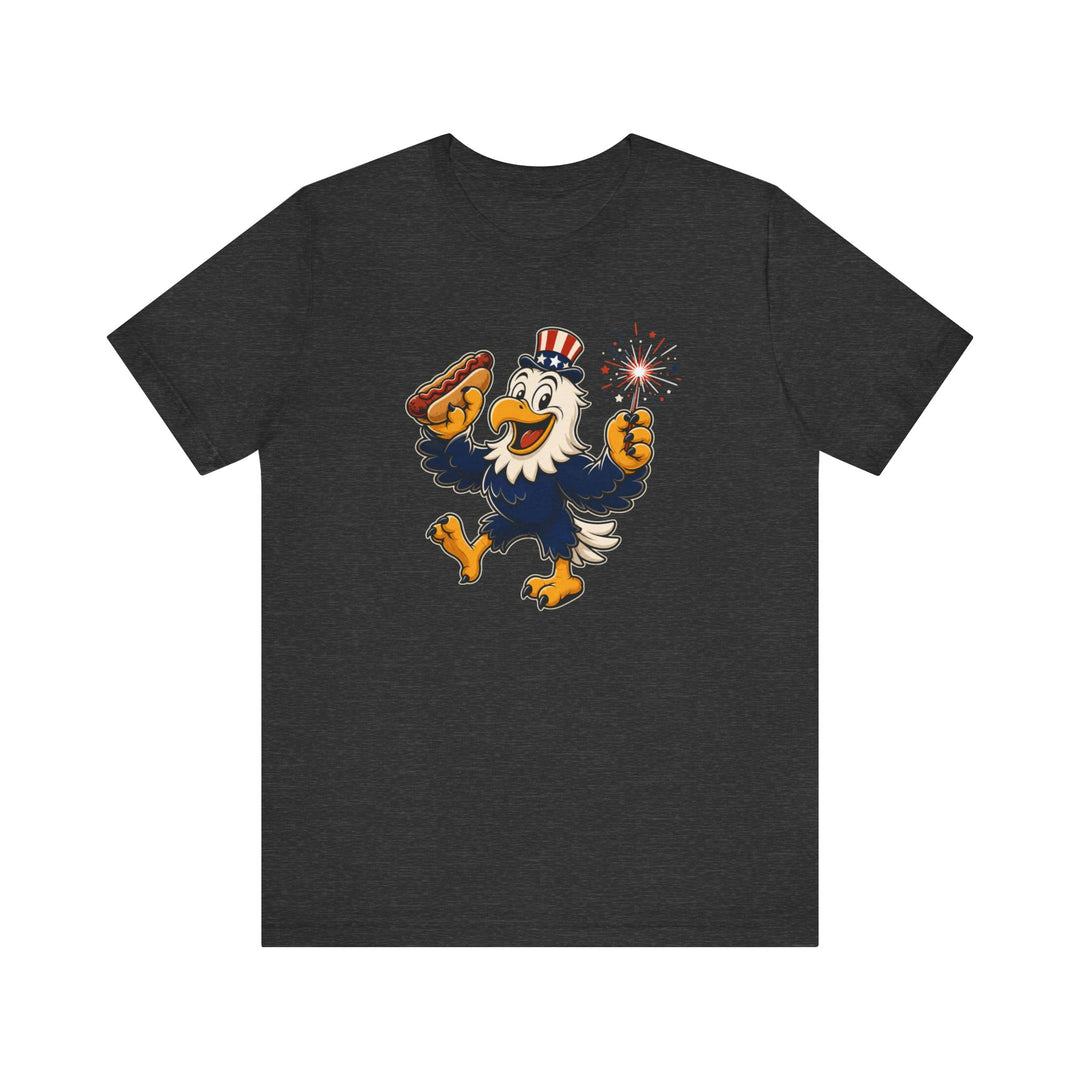 Dark heather t-shirt with cartoon patriotic bald eagle wearing Uncle Sam hat holding a hot dog and sparkler