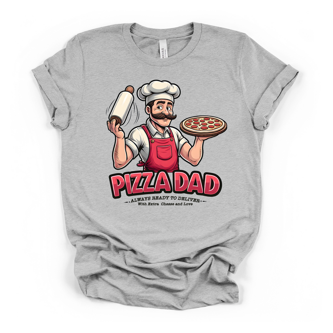 Pizza Dad Always Ready to Deliver funny Father's Day t-shirt in athletic heather with colorful pizza chef illustration and rolling pin