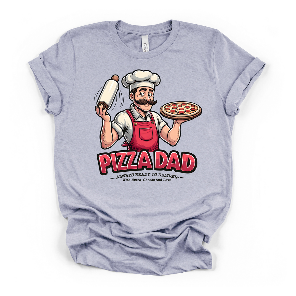 Pizza Dad Always Ready to Deliver funny Father's Day t-shirt in heather blue with colorful pizza chef illustration and rolling pin