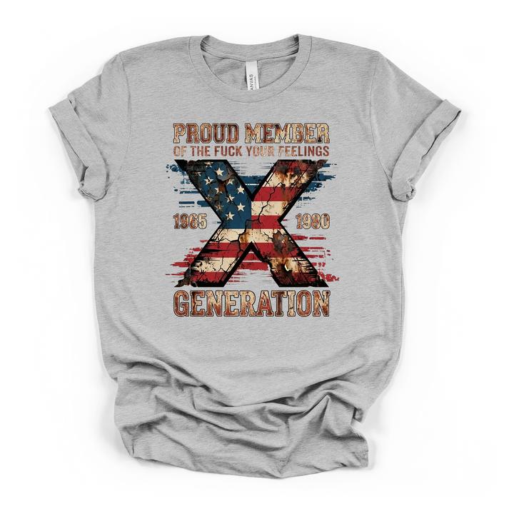 Proud Member of Gen X graphic t-shirt in athletic heather with distressed American flag X design and vintage lettering