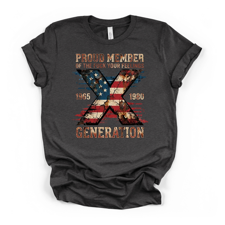 Proud Member of Gen X graphic t-shirt in dark grey with distressed American flag X design and vintage lettering