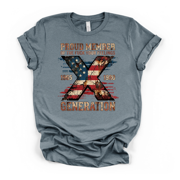 Proud Member of Gen X graphic t-shirt in heather slate with distressed American flag X design and vintage lettering