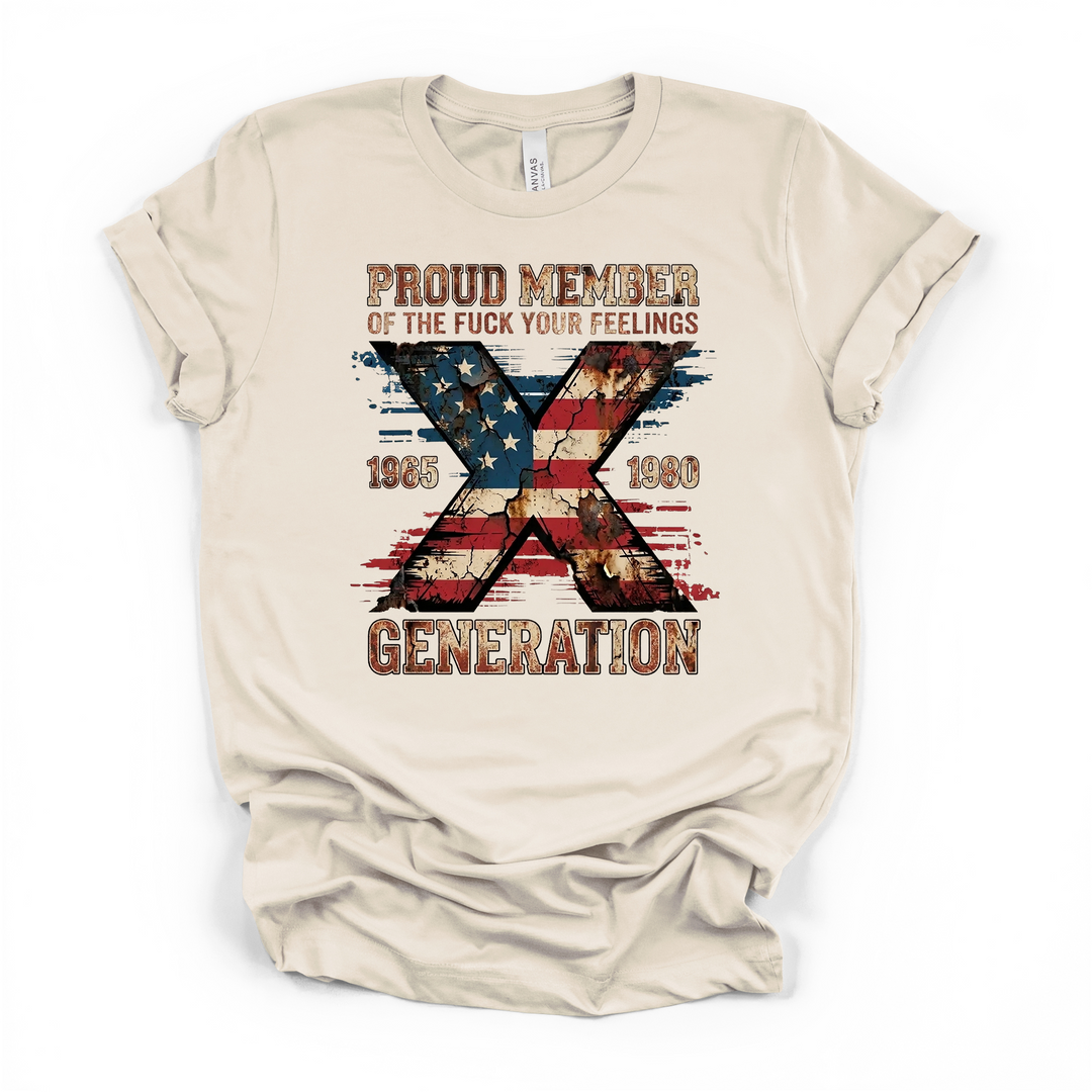 Proud Member of Gen X graphic t-shirt in natural with distressed American flag X design and vintage lettering