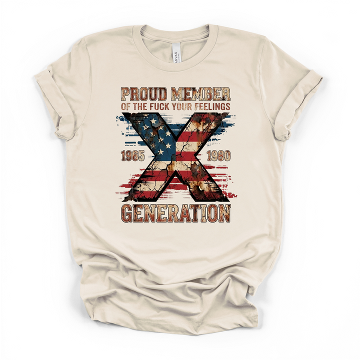 Proud Member of Gen X graphic t-shirt in natural with distressed American flag X design and vintage lettering