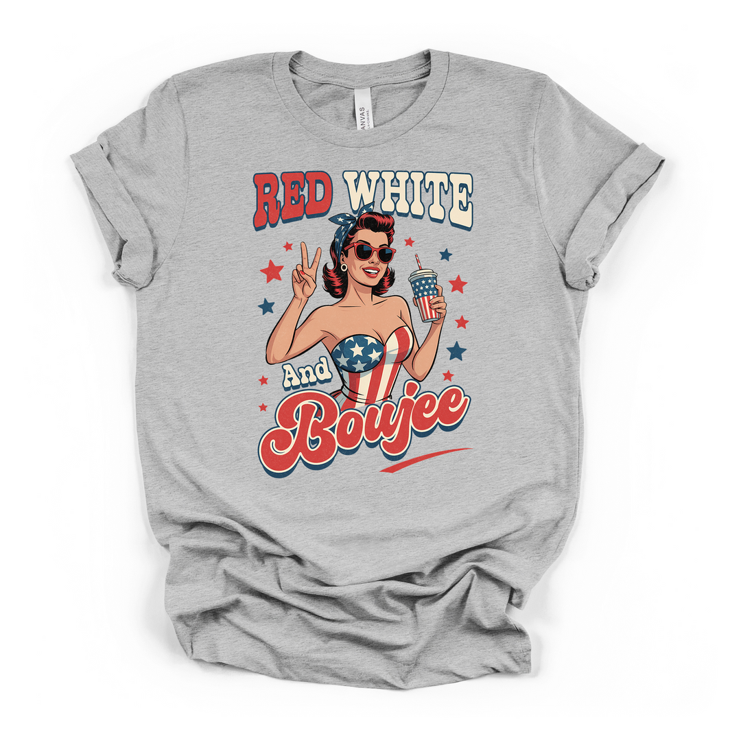 Athletic heather t-shirt with a retro patriotic pin-up girl in an American flag outfit throwing a peace sign and Red White and Boujee text