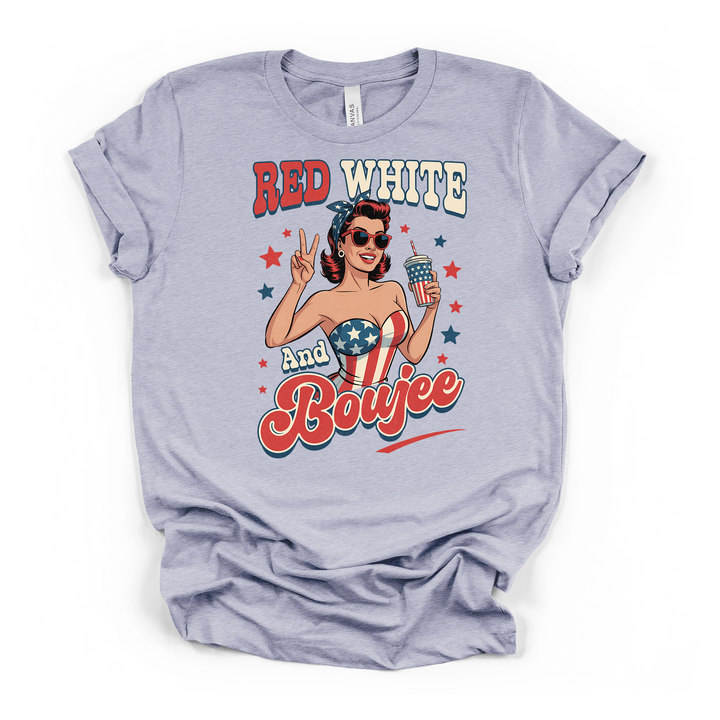 Heather blue t-shirt featuring a retro pin-up woman in patriotic American flag attire with stars and Red White and Boujee printed on the front