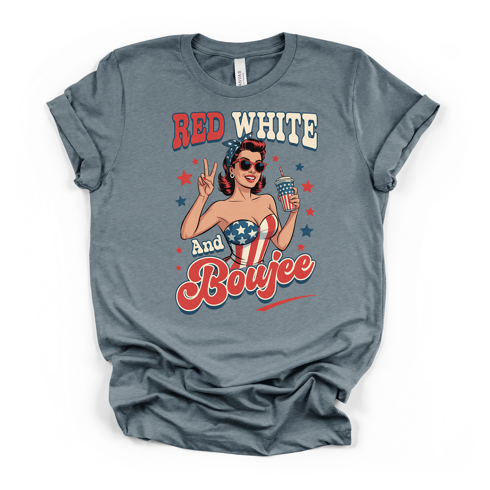 Heather slate t-shirt with a sassy retro patriotic pin-up girl graphic surrounded by red white and blue stars and Red White and Boujee text