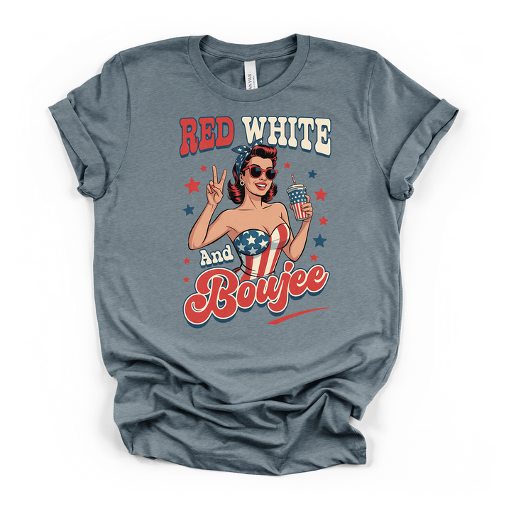 Heather slate t-shirt with a sassy retro patriotic pin-up girl graphic surrounded by red white and blue stars and Red White and Boujee text