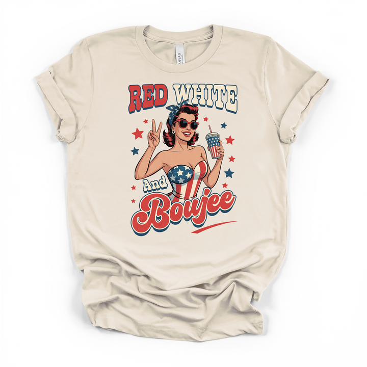 Natural cream t-shirt with a retro pin-up woman in an American flag outfit holding a drink with stars and Red White and Boujee printed on the front