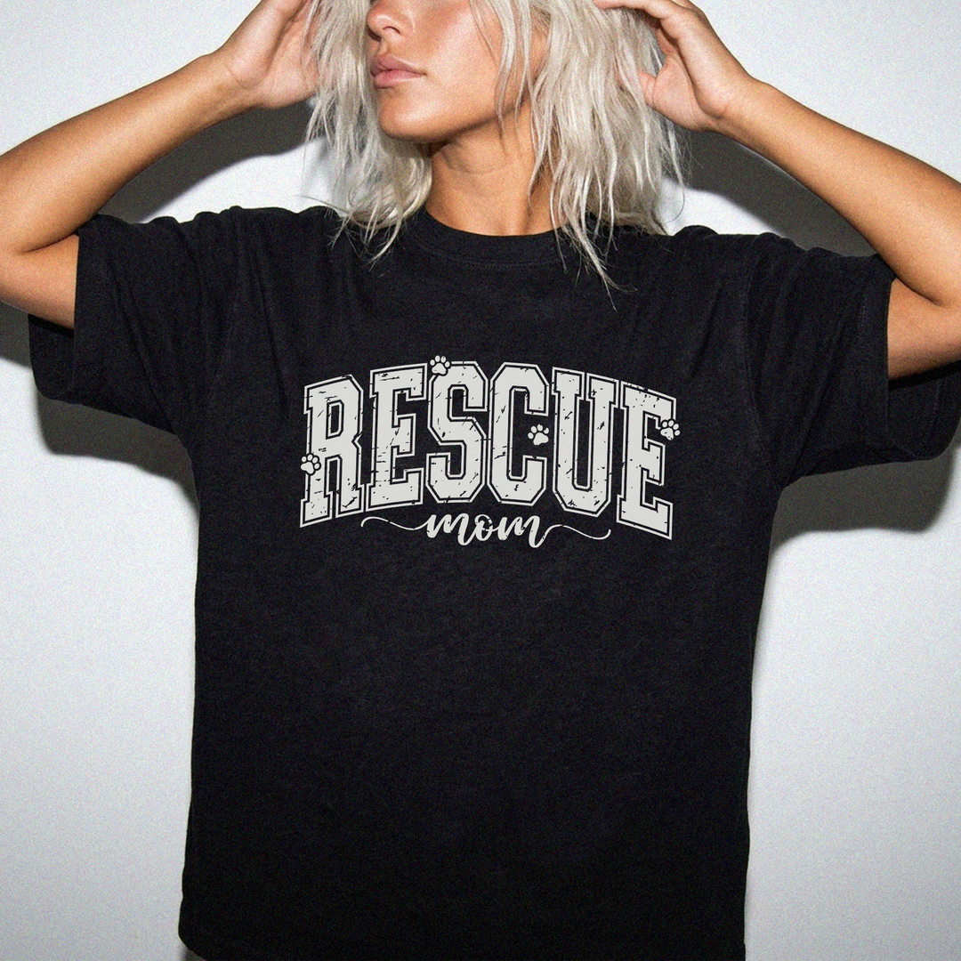 Rescue mom retro varsity dog mom shirt in black