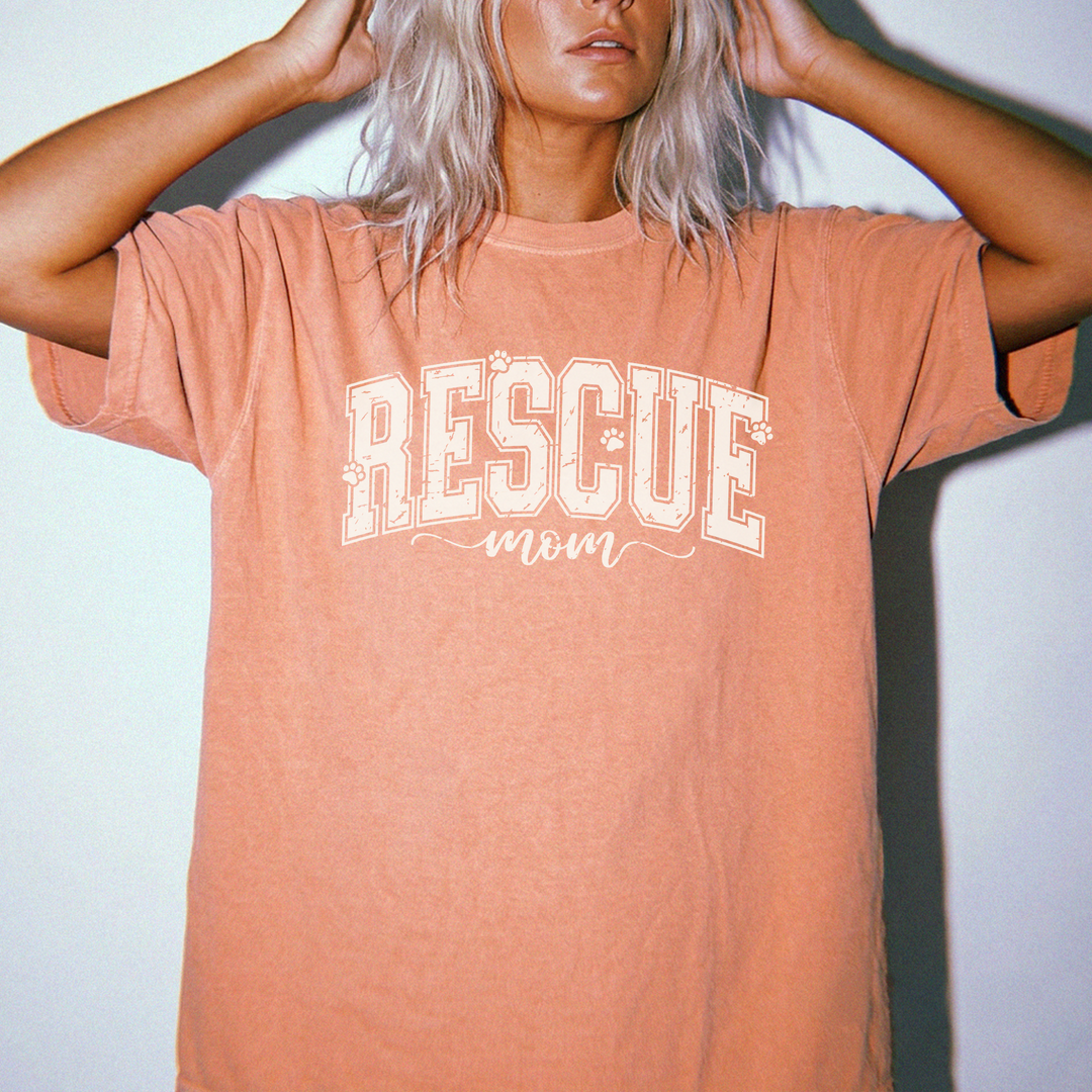 Rescue mom retro varsity dog mom shirt in terracotta