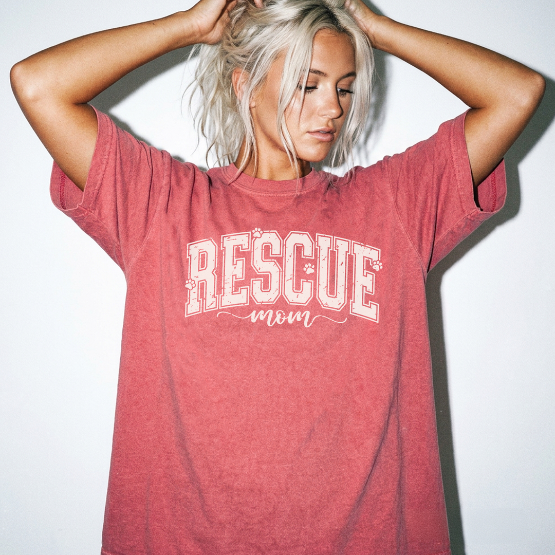 Rescue mom retro varsity dog mom shirt in watermelon