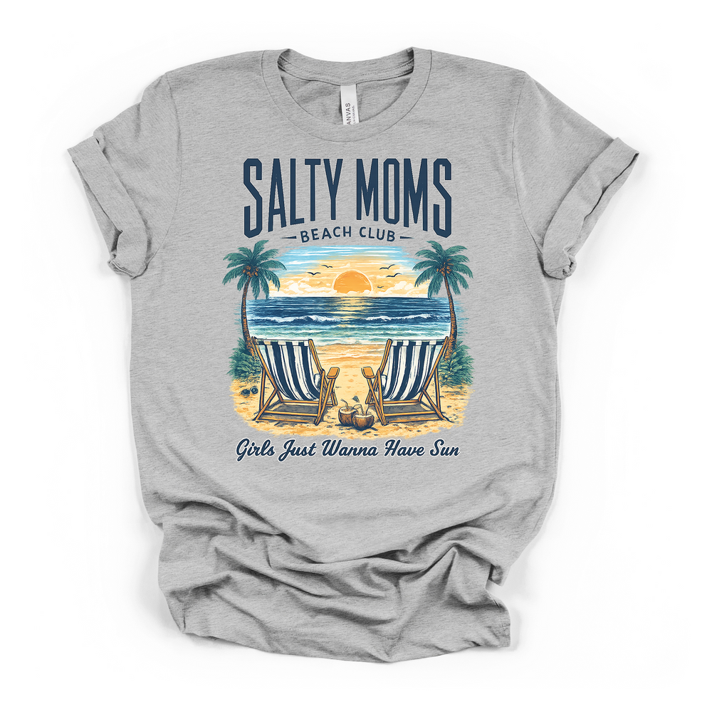 Athletic heather t-shirt with a sunset beach scene graphic with striped chairs and palm trees and Salty Moms Beach Club Girls Just Wanna Have Sun printed on front