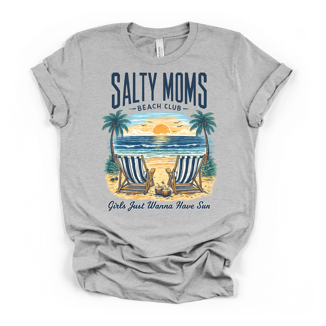 Athletic heather t-shirt with a sunset beach scene graphic with striped chairs and palm trees and Salty Moms Beach Club Girls Just Wanna Have Sun printed on front