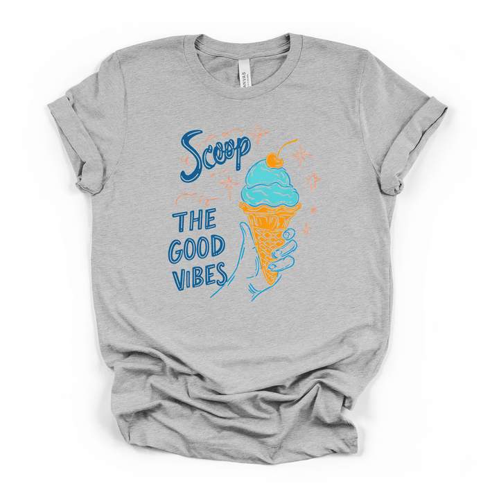 Scoop the Good Vibes retro ice cream cone graphic t-shirt in athletic heather with blue and orange illustration and sparkle accents