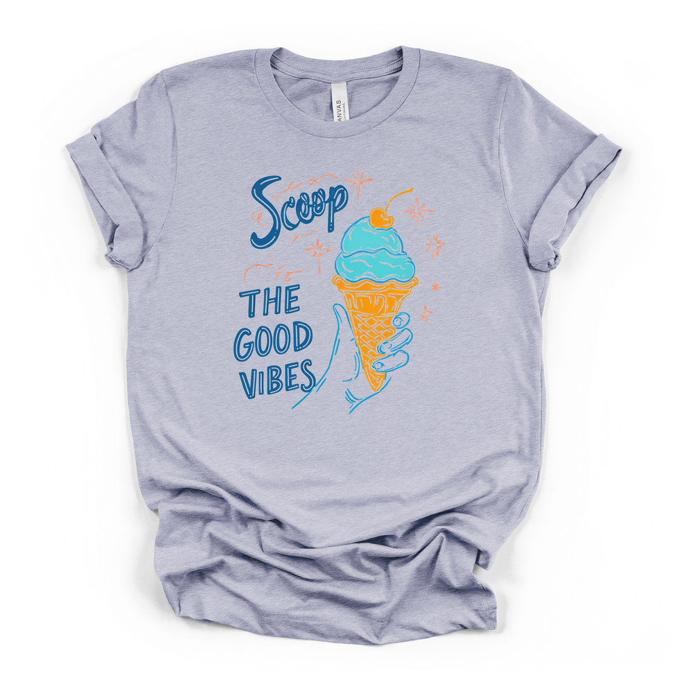 Scoop the Good Vibes retro ice cream cone graphic t-shirt in heather blue with blue and orange illustration and sparkle accents
