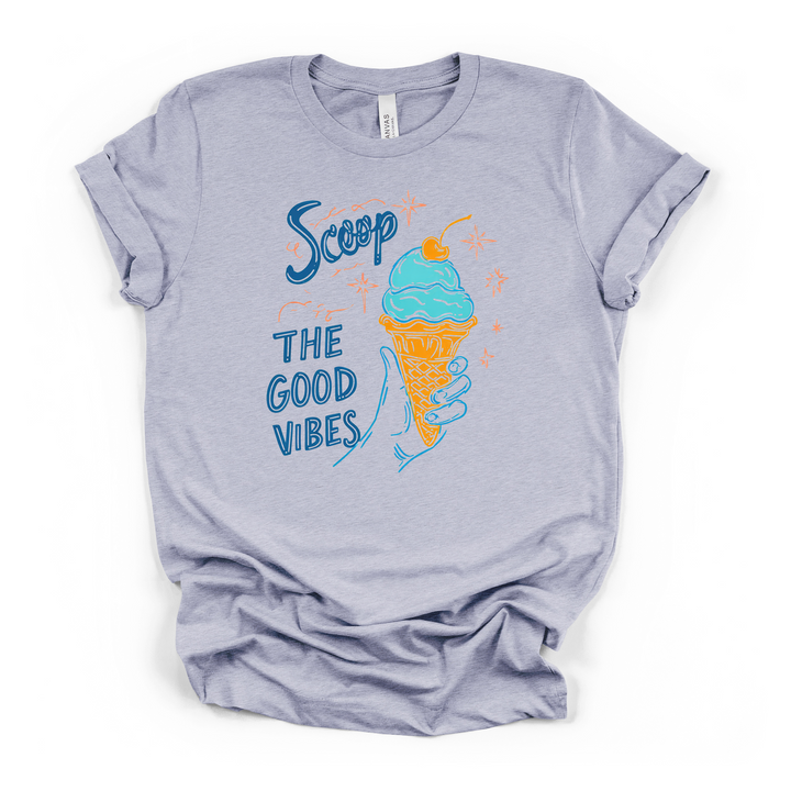 Scoop the Good Vibes retro ice cream cone graphic t-shirt in heather blue with blue and orange illustration and sparkle accents