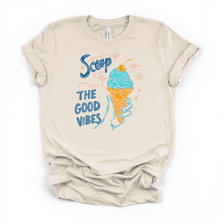 Scoop the Good Vibes retro ice cream cone graphic t-shirt in natural with blue and orange illustration and sparkle accents