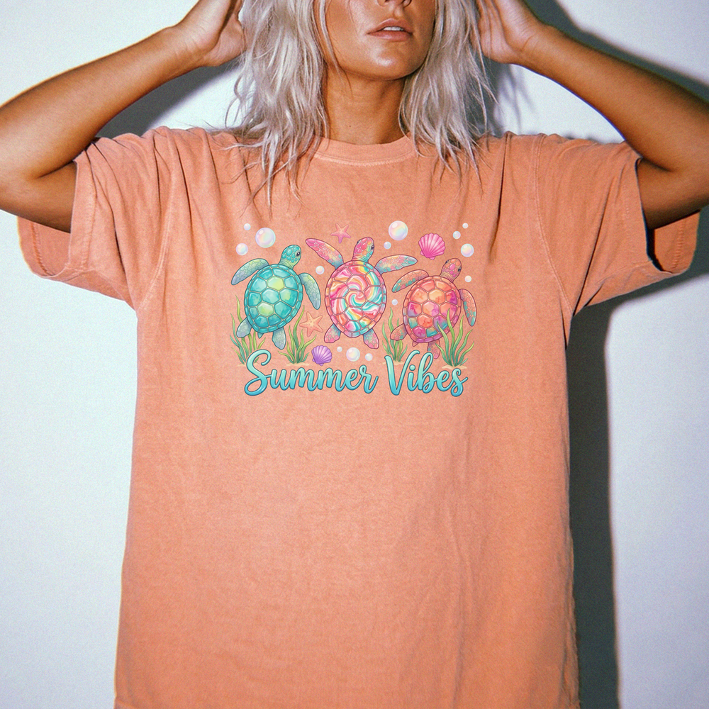 Sea turtle summer vibes colorful beach women's shirt in terracotta