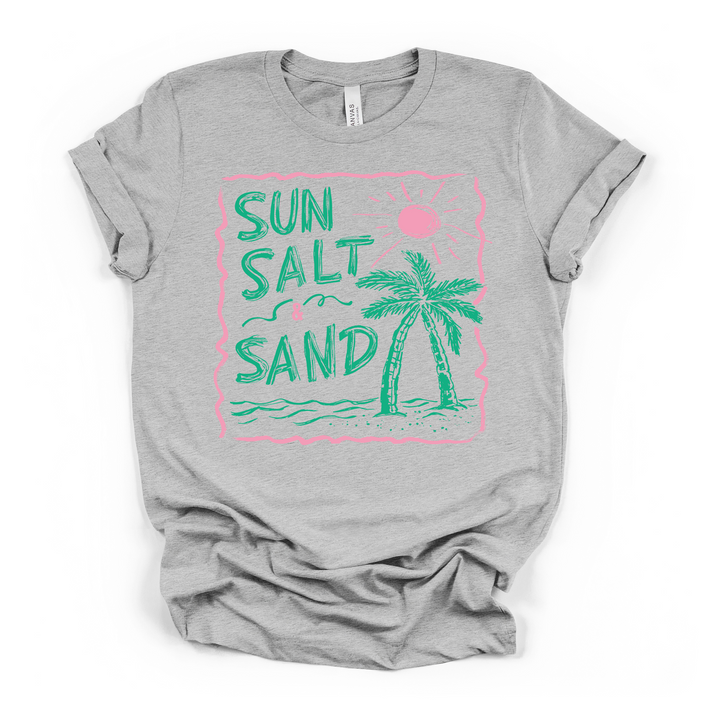 Sun Salt and Sand beach graphic t-shirt in athletic heather with hand-drawn palm tree, sun, and pink and green lettering