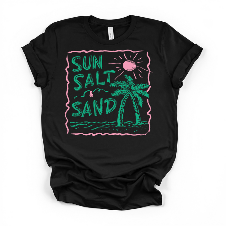 Sun Salt and Sand beach graphic t-shirt in black with hand-drawn palm tree, sun, and pink and green lettering