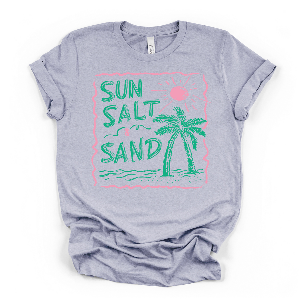 Sun Salt and Sand beach graphic t-shirt in heather blue with hand-drawn palm tree, sun, and pink and green lettering