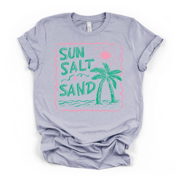 Sun Salt and Sand beach graphic t-shirt in heather blue with hand-drawn palm tree, sun, and pink and green lettering