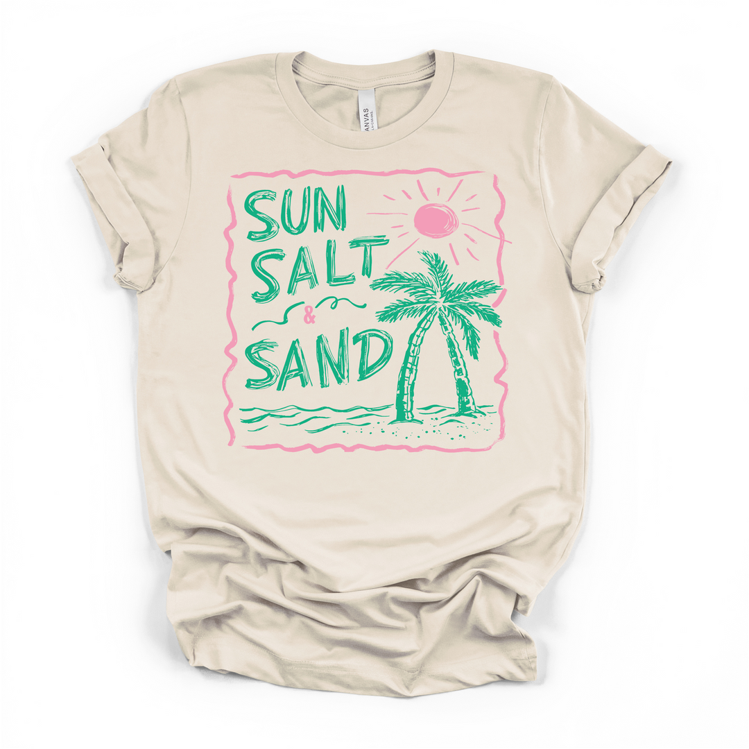 Sun Salt and Sand beach graphic t-shirt in natural with hand-drawn palm tree, sun, and pink and green lettering