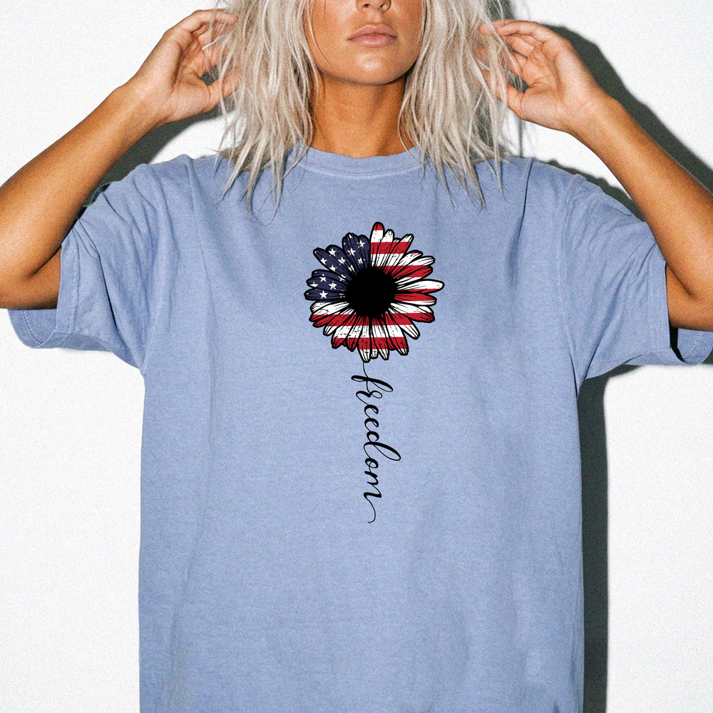 Sunflower freedom American flag women's 4th of July shirt in blue jean
