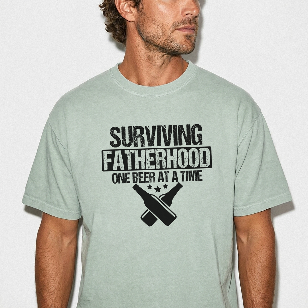 Surviving fatherhood one beer at a time funny dad shirt in bay
