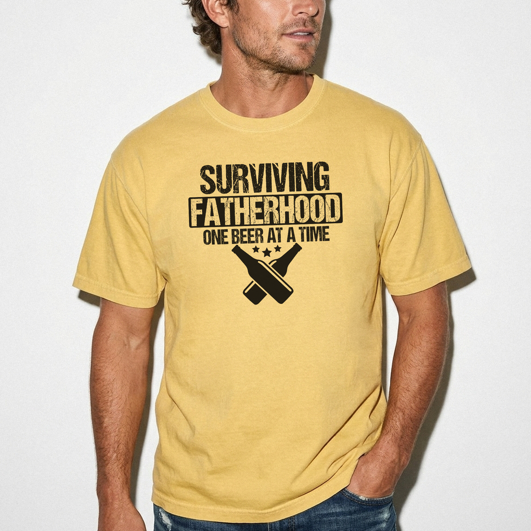 Surviving fatherhood one beer at a time funny dad shirt in mustard