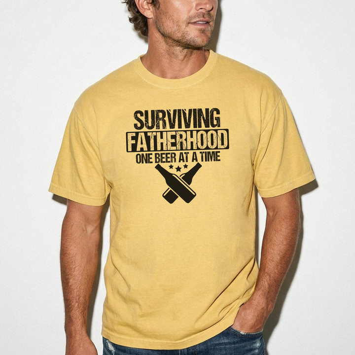 Surviving fatherhood one beer at a time funny dad shirt in mustard