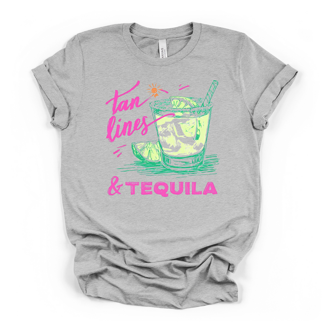 Tan Lines and Tequila funny summer graphic t-shirt in athletic heather with retro neon margarita and pink script lettering