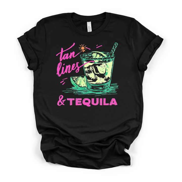 Tan Lines and Tequila funny summer graphic t-shirt in black with retro neon margarita and pink script lettering