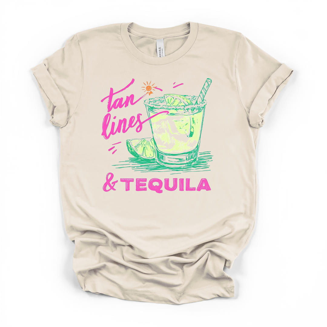 Tan Lines and Tequila funny summer graphic t-shirt in natural with retro neon margarita and pink script lettering