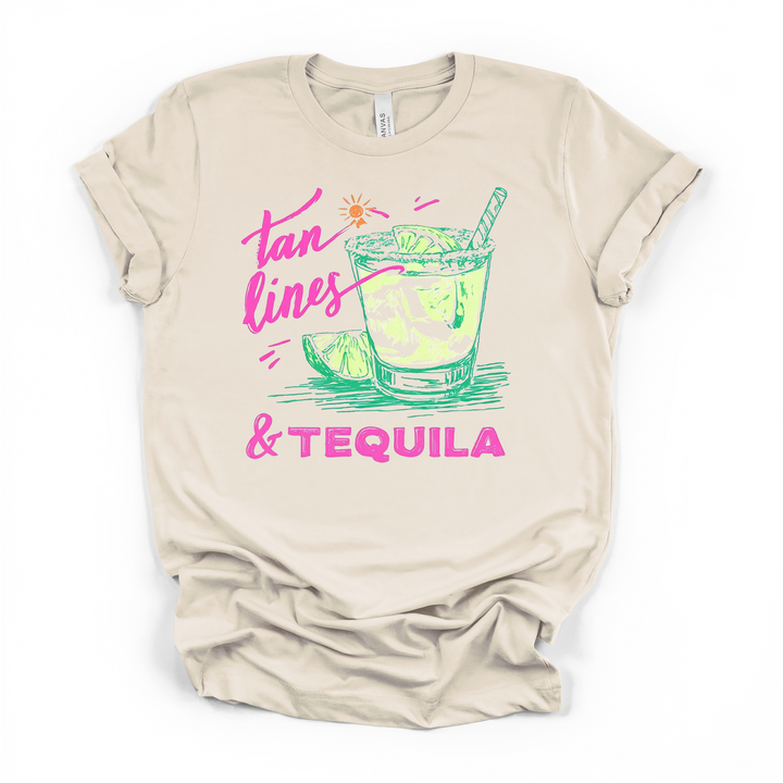 Tan Lines and Tequila funny summer graphic t-shirt in natural with retro neon margarita and pink script lettering