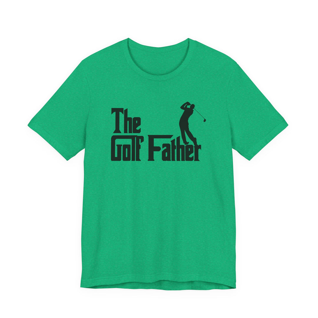 Green t-shirt with golfer silhouette mid-swing and bold text reading The Golf Father