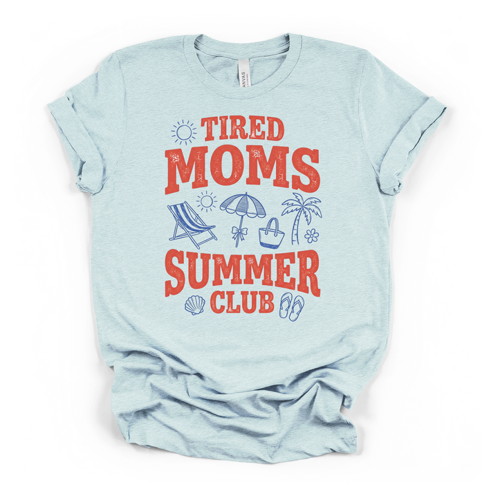 Heather ice blue t-shirt with a retro distressed Tired Moms Summer Club graphic featuring beach icons including a chair umbrella palm tree and flip flops