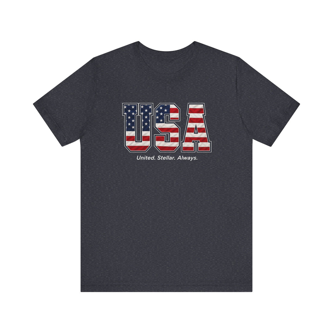Dark navy t-shirt with bold USA varsity letters filled with American flag stars and stripes and text reading United Stellar Always