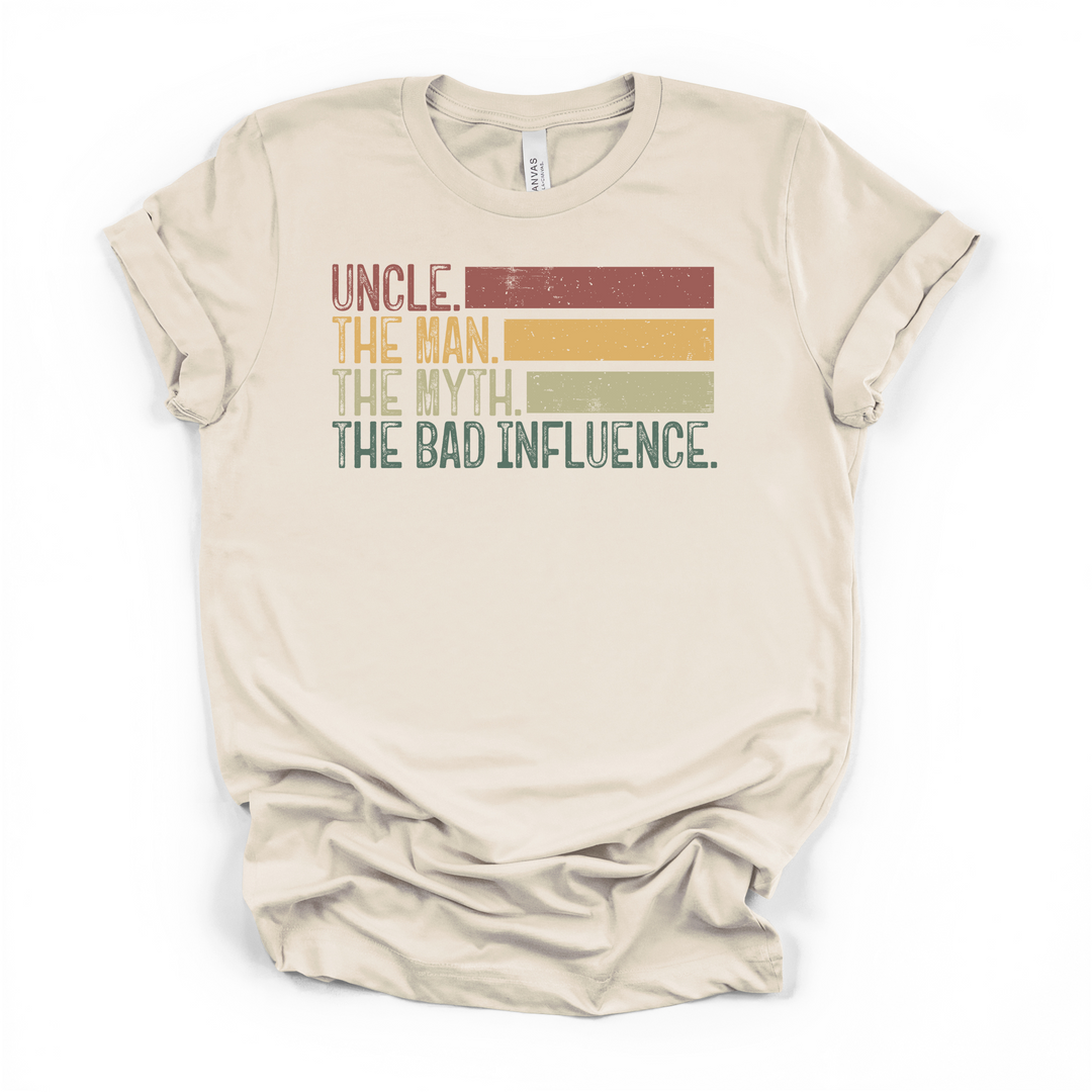 Uncle The Man The Myth The Bad Influence funny men's t-shirt in natural with retro distressed earthy tone typographic print