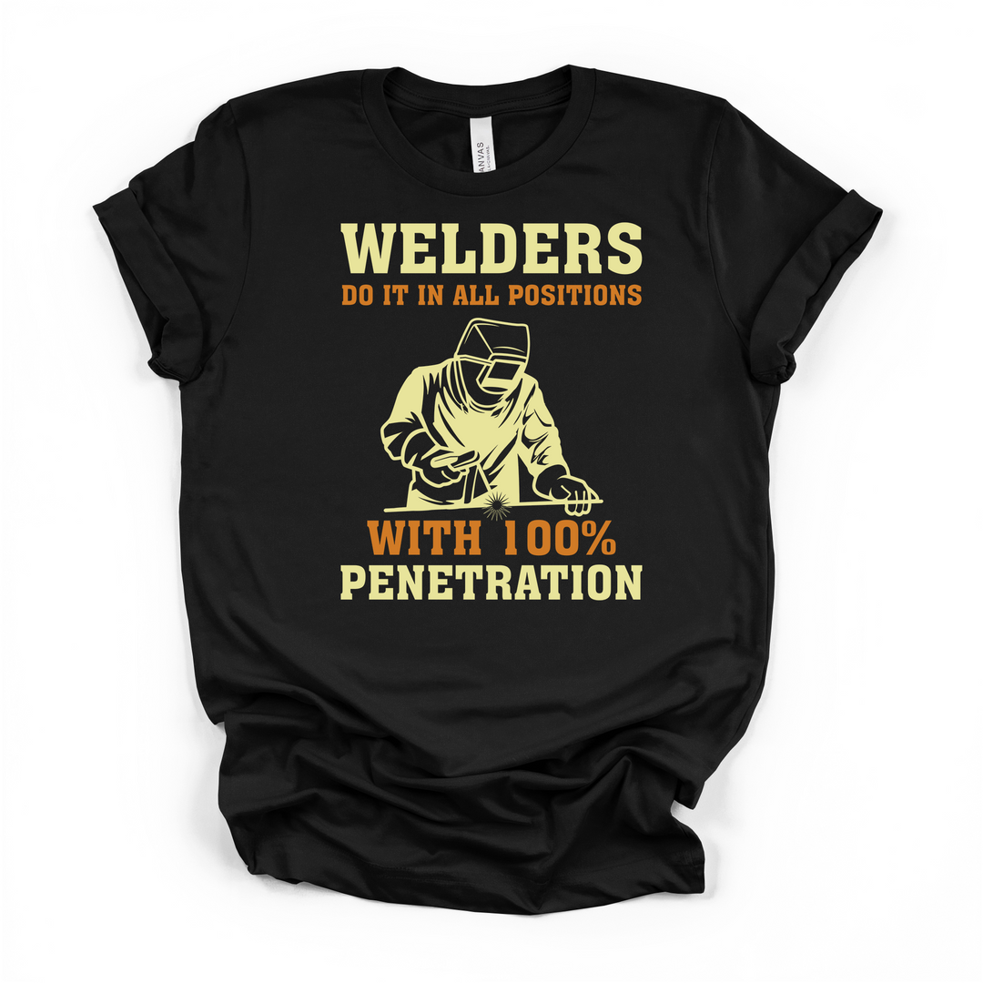 Welders Do It in All Positions funny welding graphic t-shirt in black with yellow and orange welder illustration