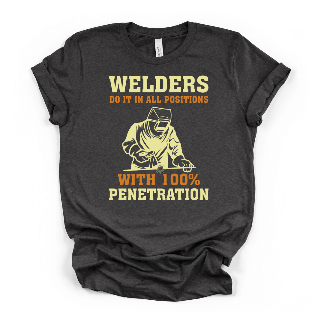 Welders Do It in All Positions funny welding graphic t-shirt in dark grey with yellow and orange welder illustration