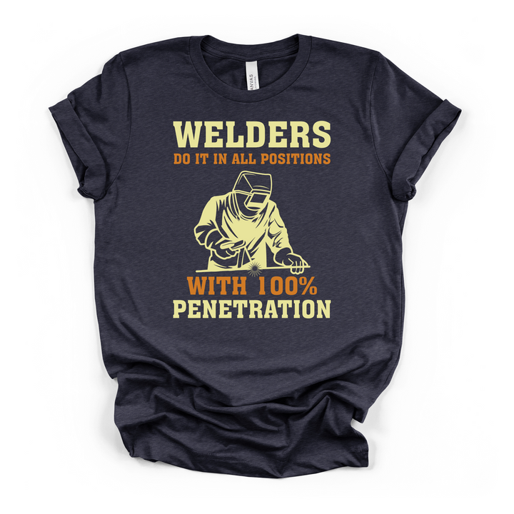 Welders Do It in All Positions funny welding graphic t-shirt in heather navy with yellow and orange welder illustration