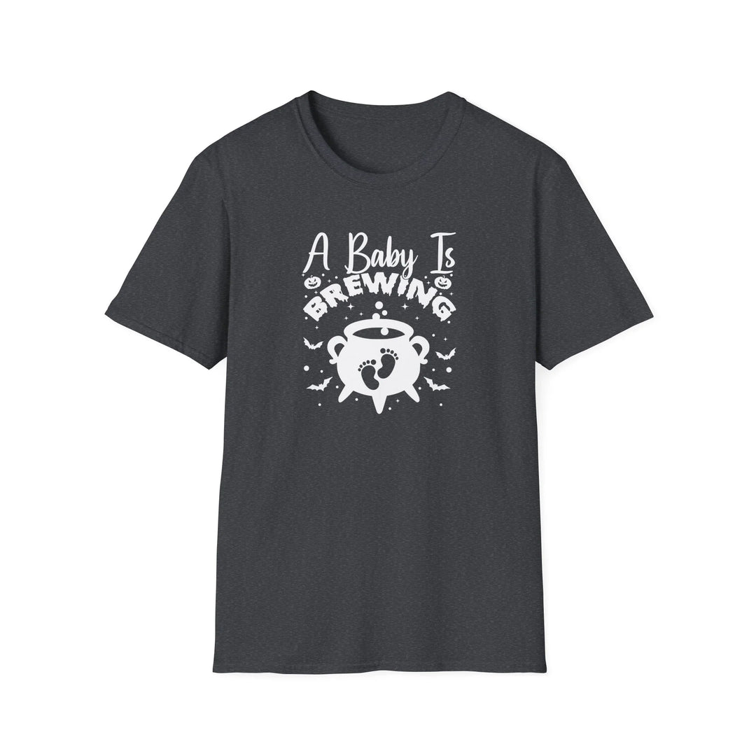 A Baby Is Brewing Halloween pregnancy announcement t-shirt in dark heather — Snappy Tee