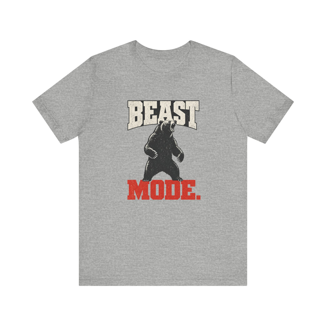 Athletic heather motivational gym shirt with bold distressed beast mode collegiate typography roaring grizzly bear graphic in cream and red