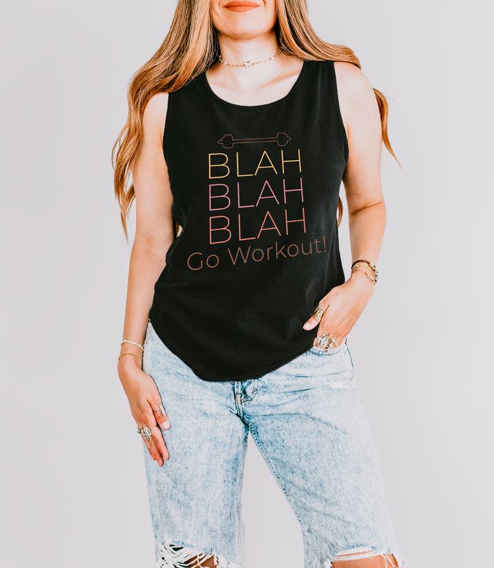 Blah Blah Go Workout funny gym tank top in Black with stacked gradient Blah text, a barbell graphic, and Go Workout script