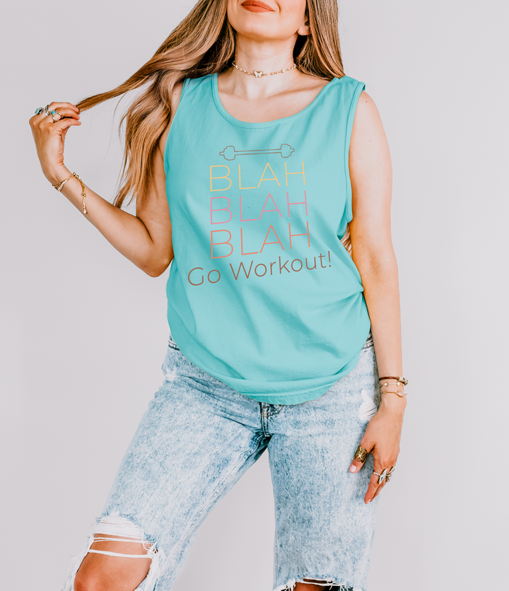 Blah Blah Go Workout funny gym tank top in Chalky Mint with stacked gradient Blah text, a barbell graphic, and Go Workout script