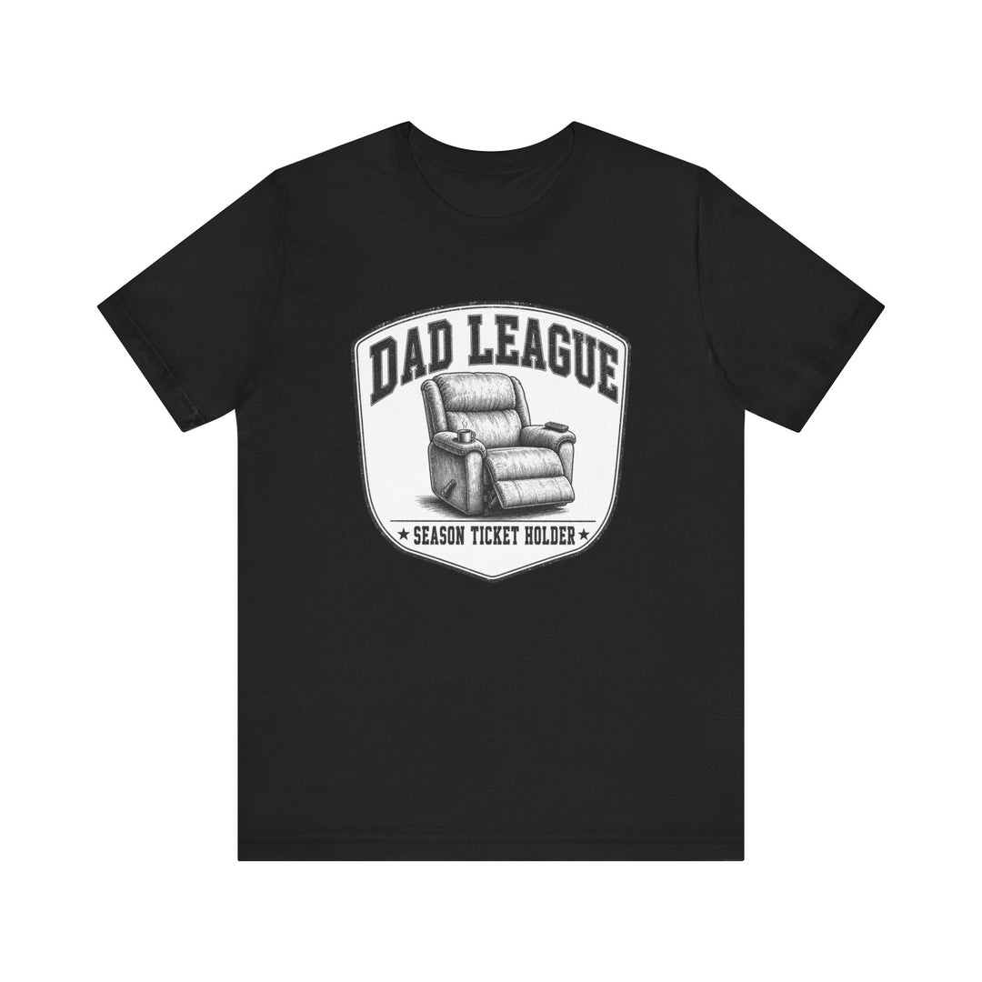 Black funny dad shirt with dad league season ticket holder collegiate shield badge and vintage recliner chair illustration graphic