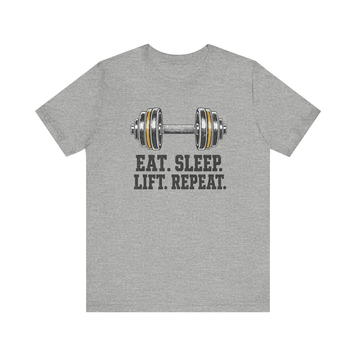 Athletic heather weightlifting shirt with distressed dumbbell graphic and eat sleep lift repeat bold vintage typography in charcoal and gold